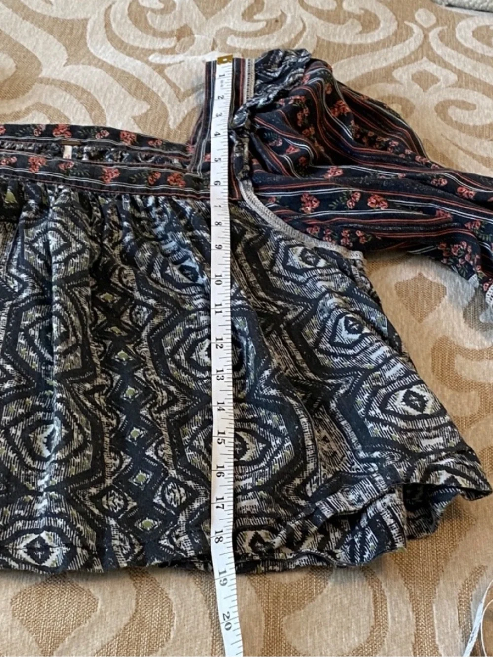 Free People XS Boho Peasant Top Mixed Print Square Neck Navy